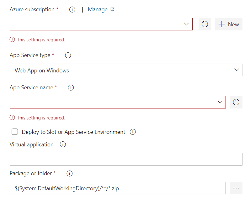Azure devops app service deployment task settings